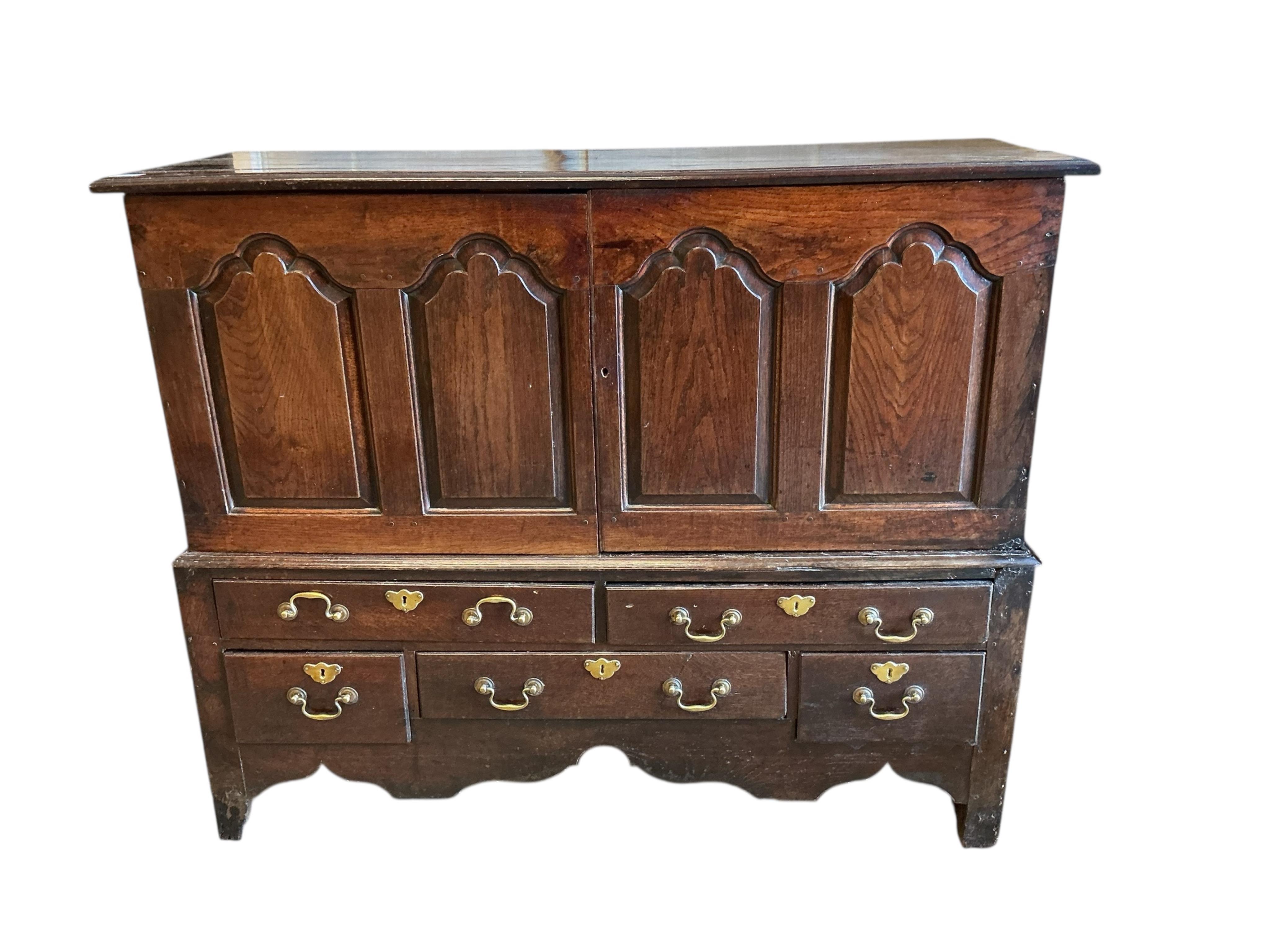 A George III oak mule chest, adapted, width 144cm, depth 52cm, height 117cm